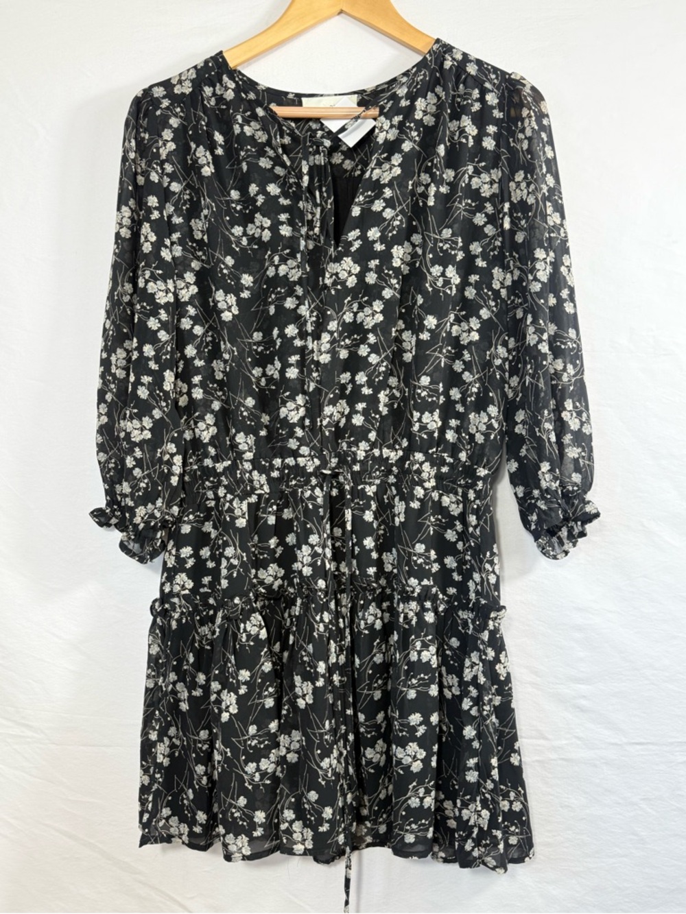 Pinch Black and White Floral Tie-Waist Long Sleeve Dress